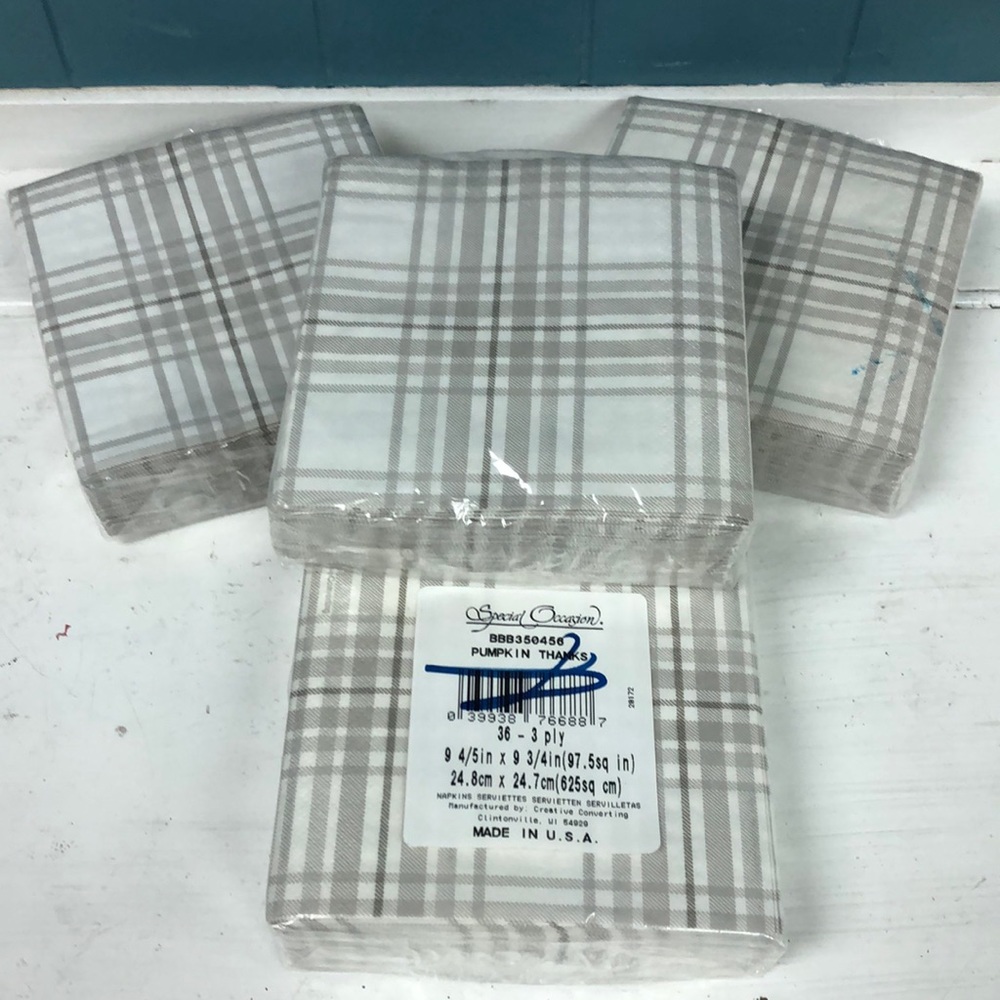 4 x Pumpkin Thanks 36 3-ply 9”‎ dessert napkins gray plaid wedding birthday